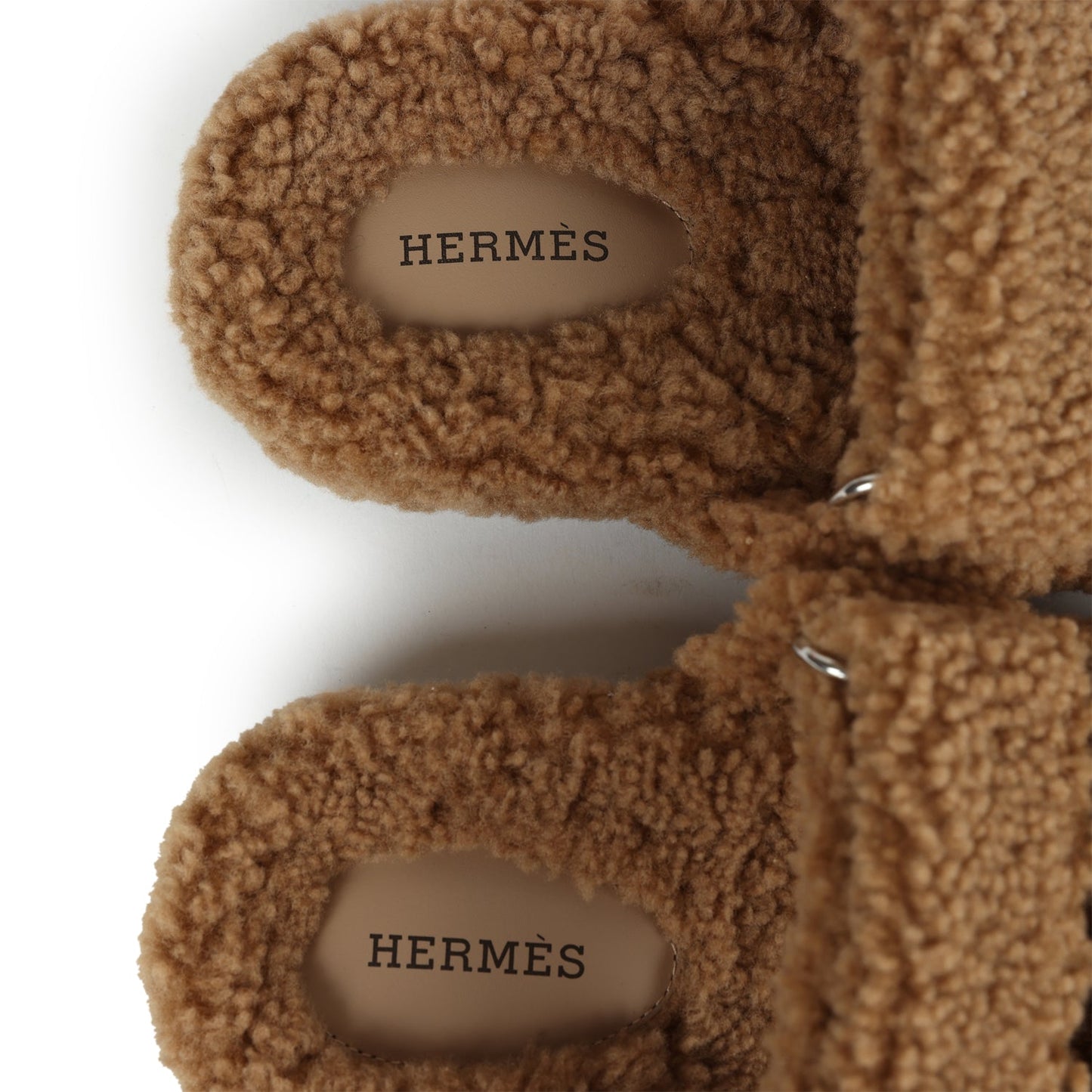 Hermes Chypre Techno Sandal Beige Gobi Shearling Palladium Hardware 38 EU