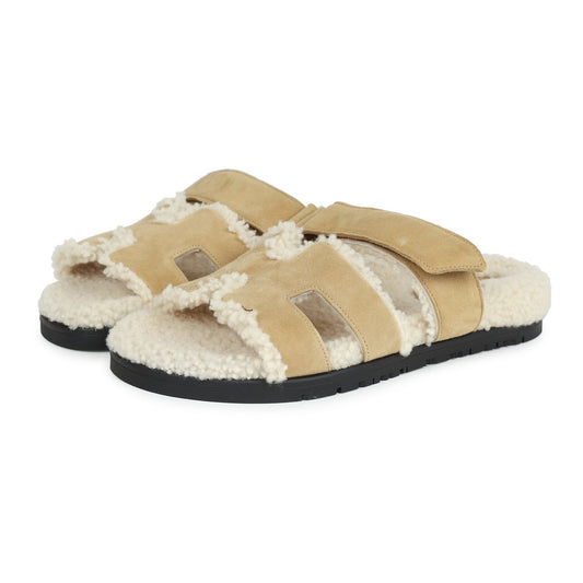 Hermes Chypre Techno Sandal Beige Albatre/Ecru Shearling and Suede Palladium Hardware 36 EU