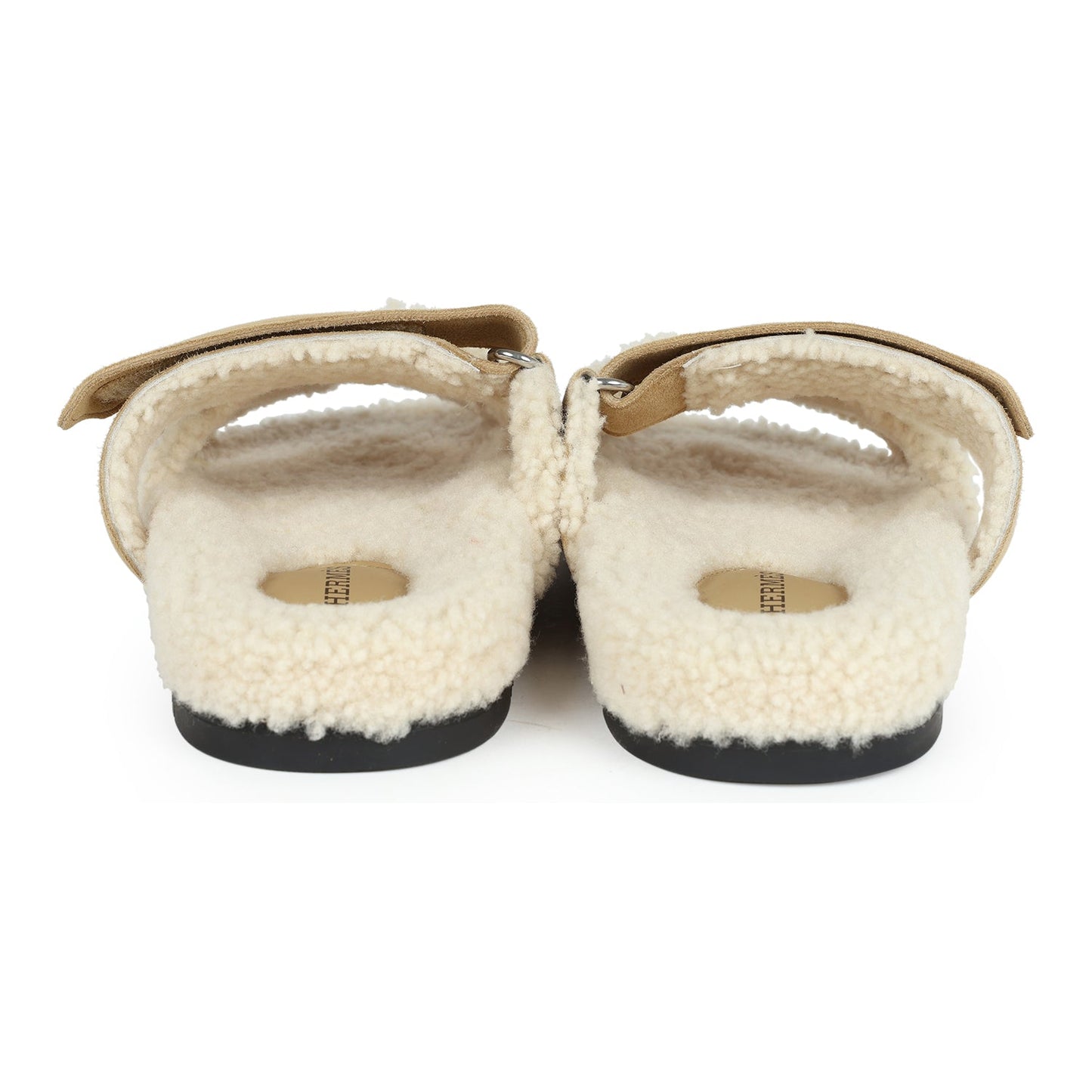 Hermes Chypre Techno Sandal Beige Albatre/Ecru Shearling and Suede Palladium Hardware 36 EU