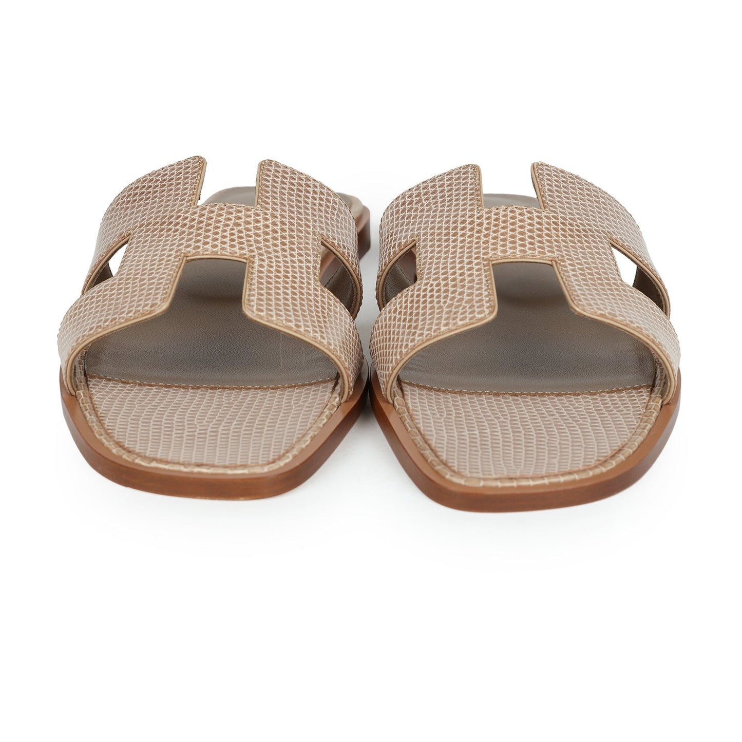 Hermes Oran Sandals Beige Argile Shiny Lizard 38 EU