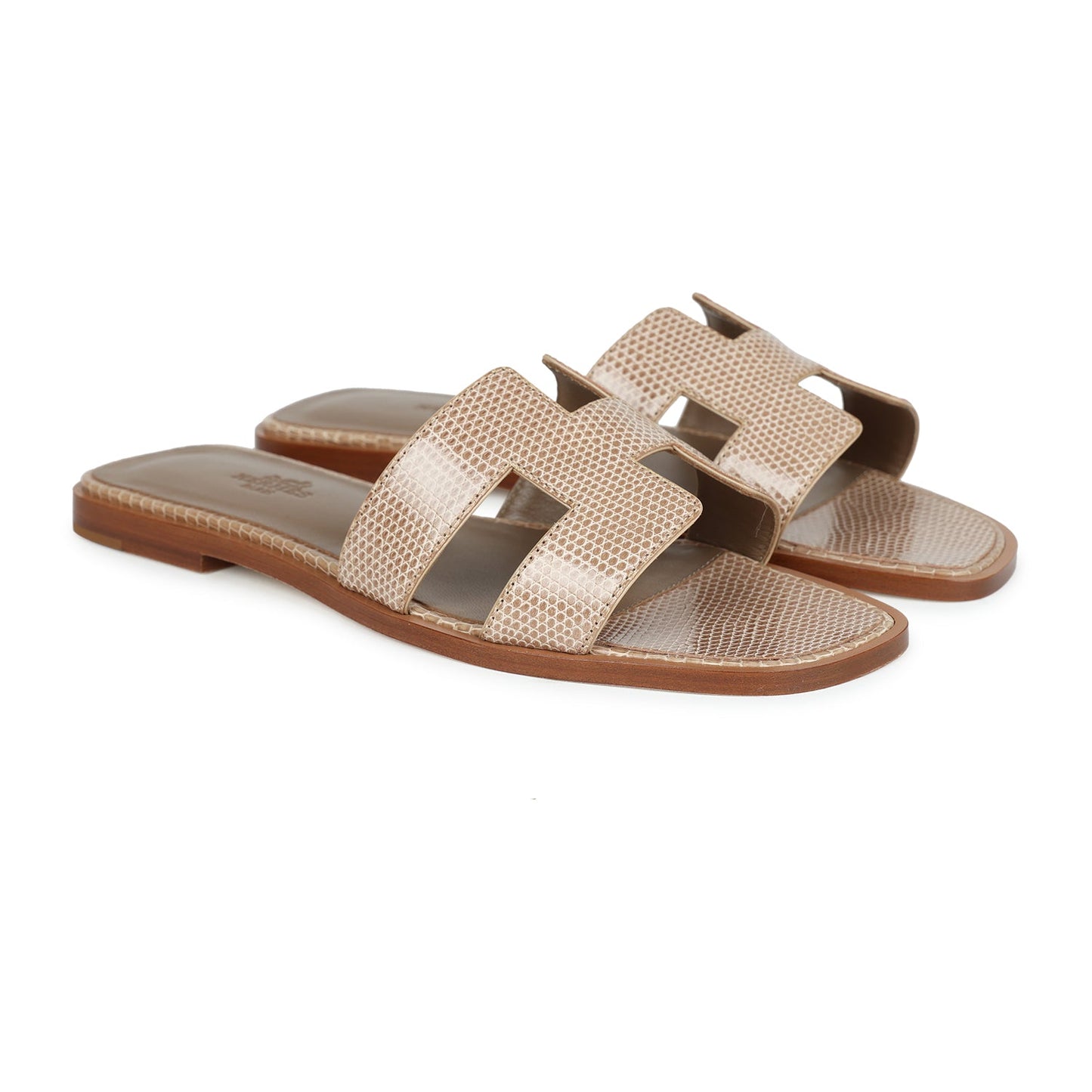 Hermes Oran Sandals Beige Argile Shiny Lizard 38 EU