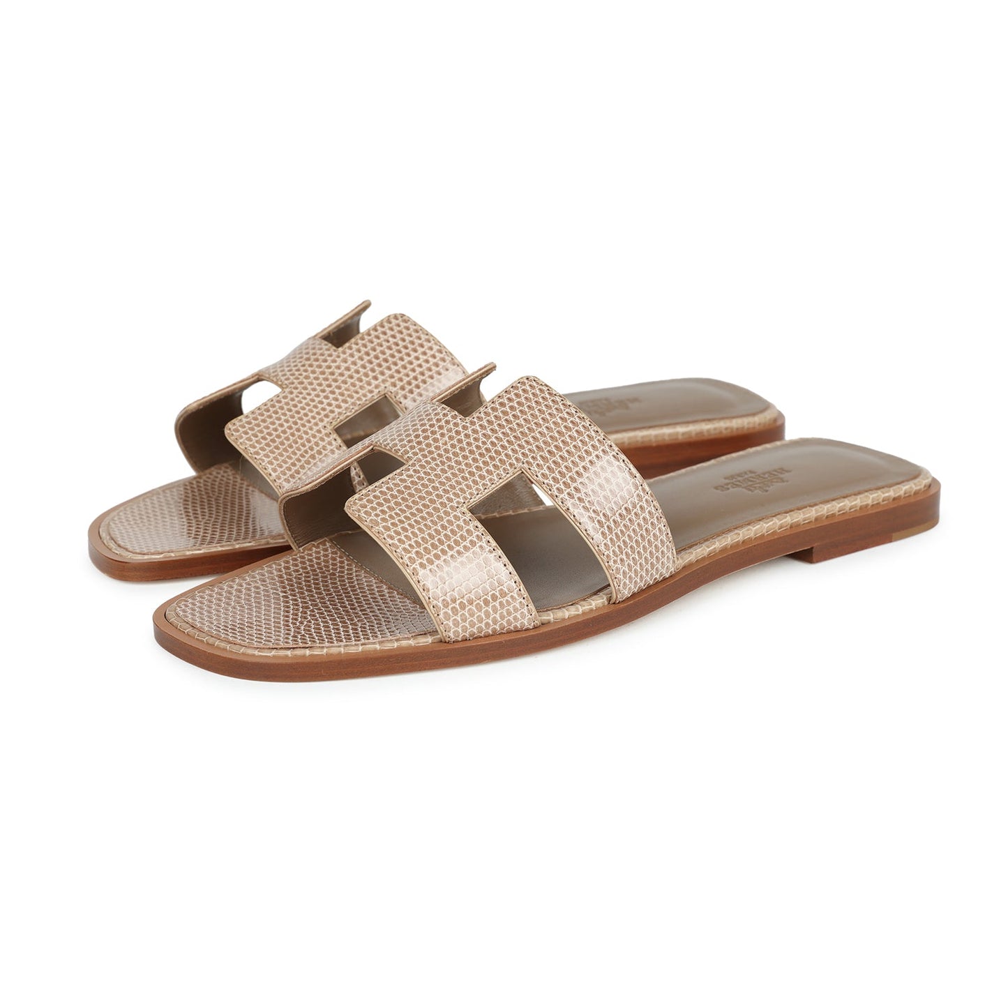 Hermes Oran Sandals Beige Argile Shiny Lizard 38 EU