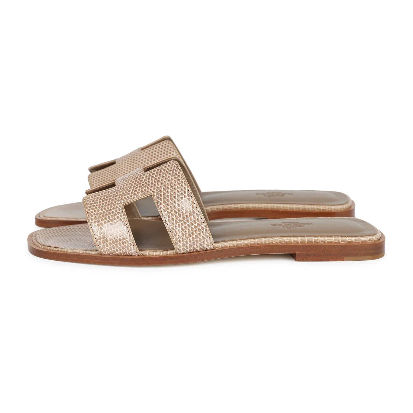 Hermes Oran Sandals Beige Argile Shiny Lizard 38 EU