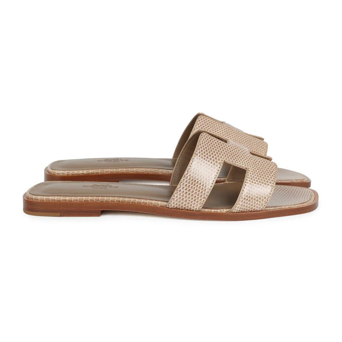 Hermes Oran Sandals Beige Argile Shiny Lizard 38 EU