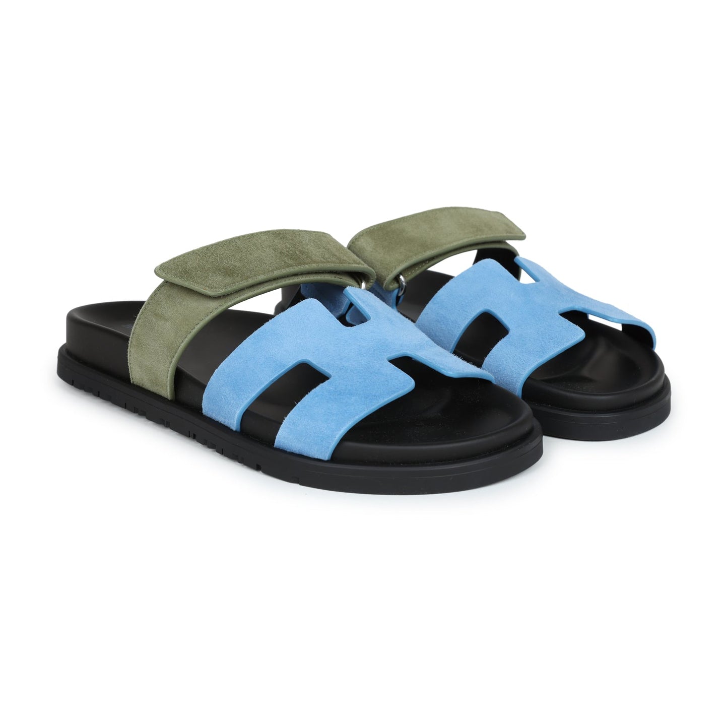 Hermes Chypre Techno Sandals Bleu Cameo/Vert Suede 36 EU Palladium Hardware