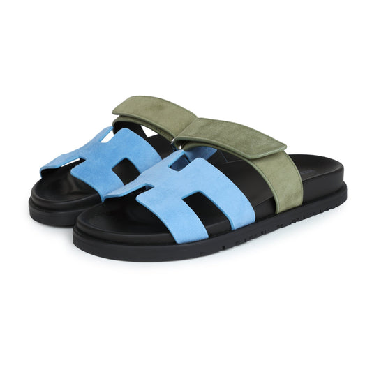 Hermes Chypre Techno Sandals Bleu Cameo/Vert Suede 36 EU Palladium Hardware