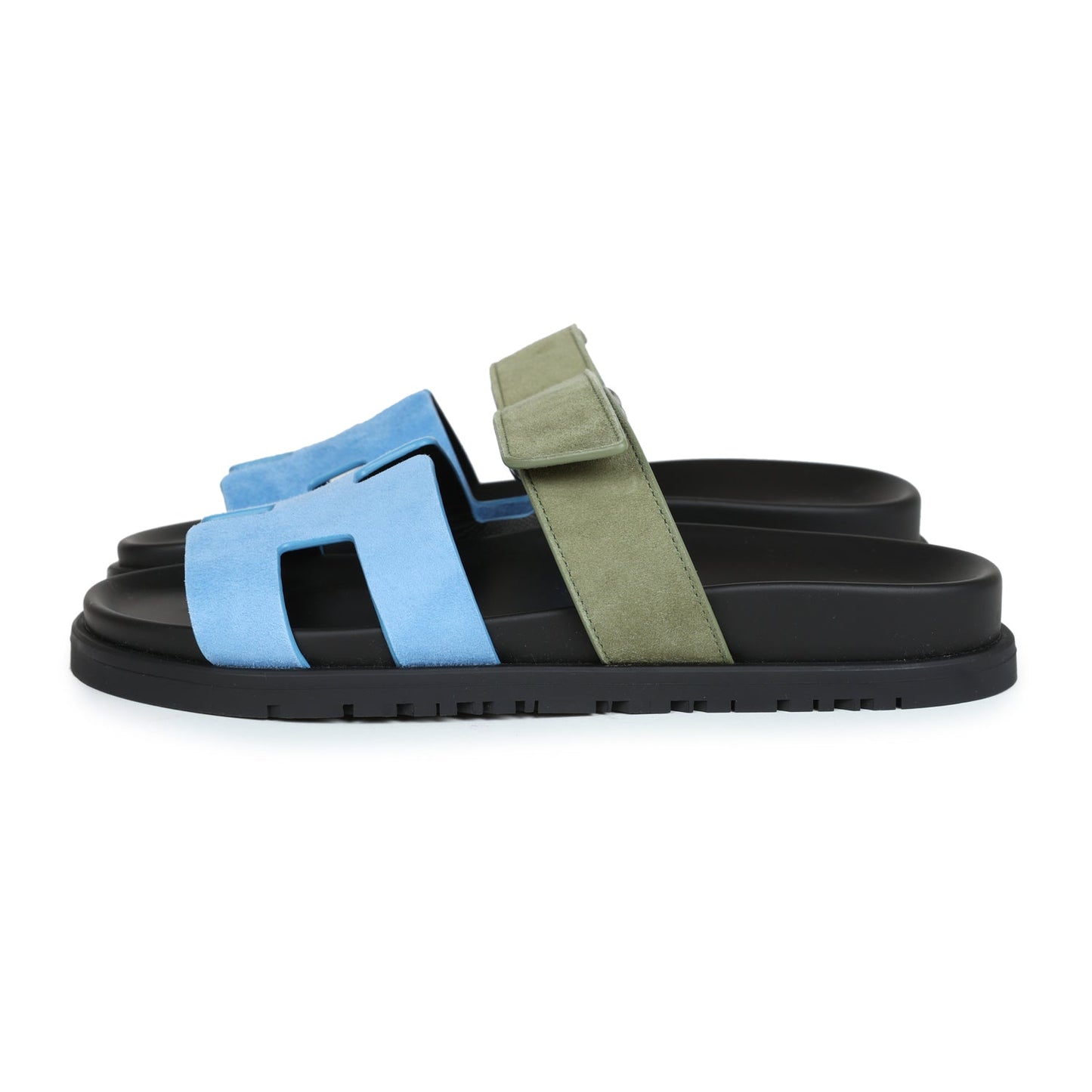 Hermes Chypre Techno Sandals Bleu Cameo/Vert Suede 36 EU Palladium Hardware