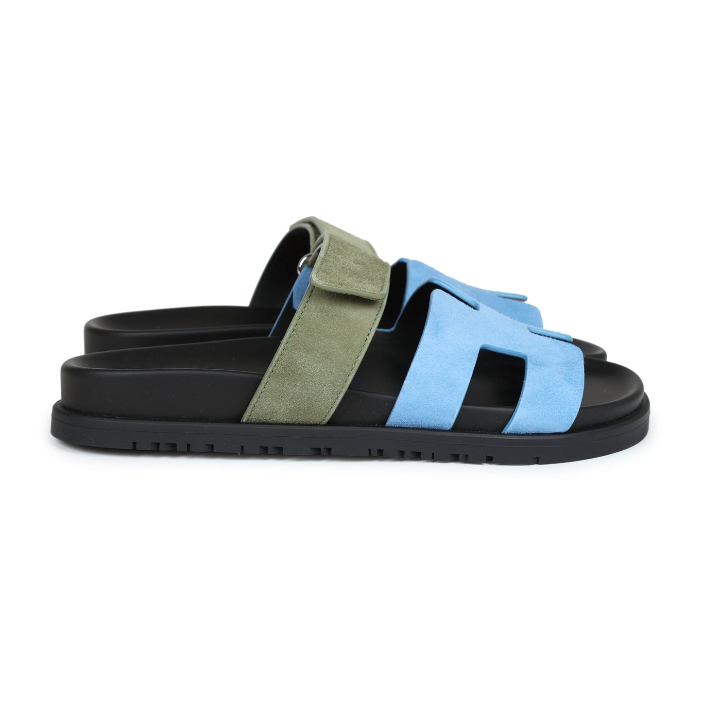 Hermes Chypre Techno Sandals Bleu Cameo/Vert Suede 36 EU Palladium Hardware