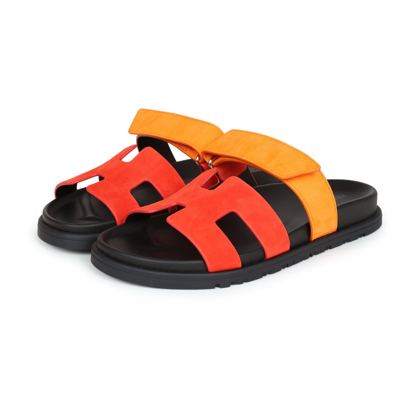 Hermes Chypre Techno Sandal Sunset & Rouge Ecarlate Suede Palladium Hardware 37.5 EU