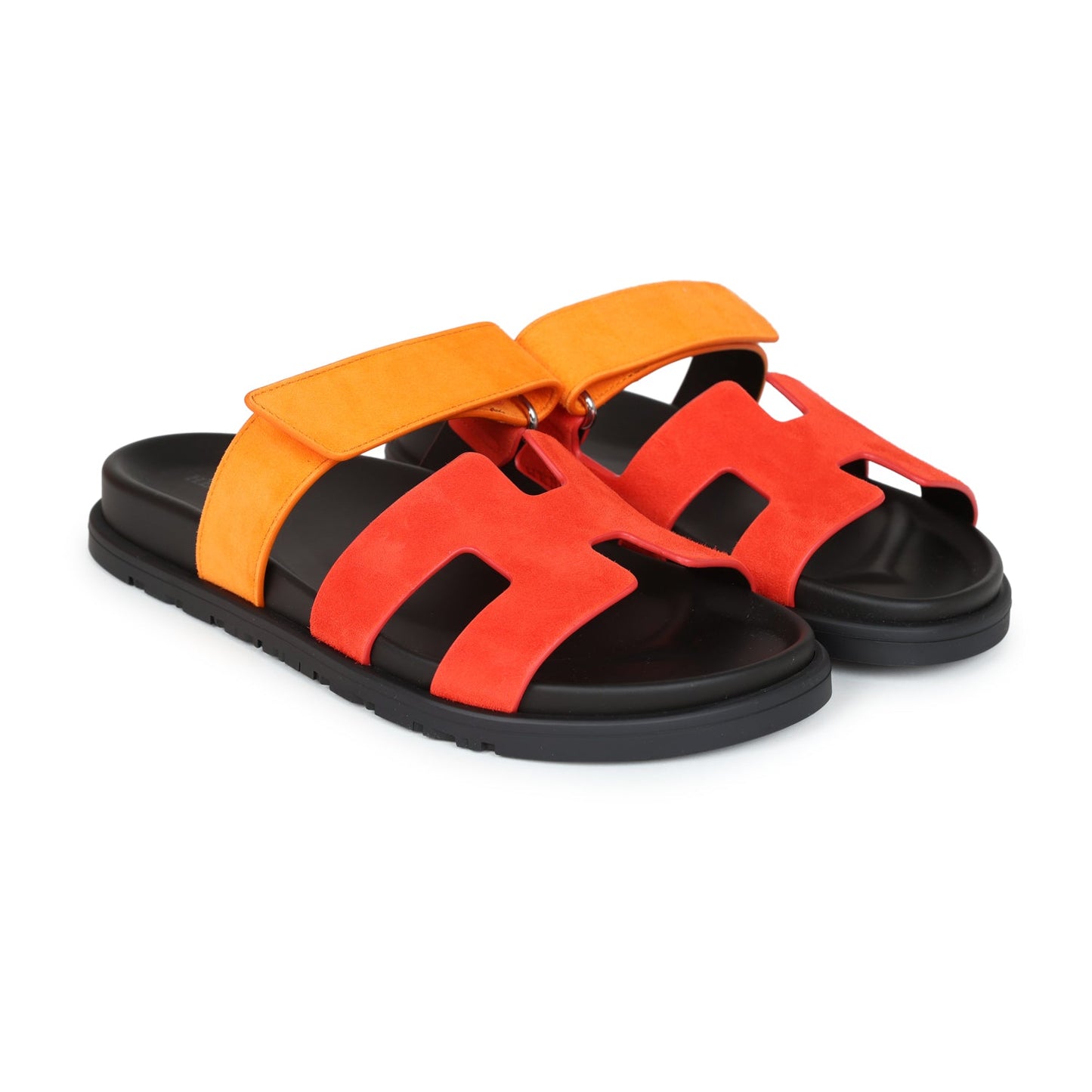 Hermes Chypre Techno Sandal Sunset & Rouge Ecarlate Suede Palladium Hardware 37.5 EU