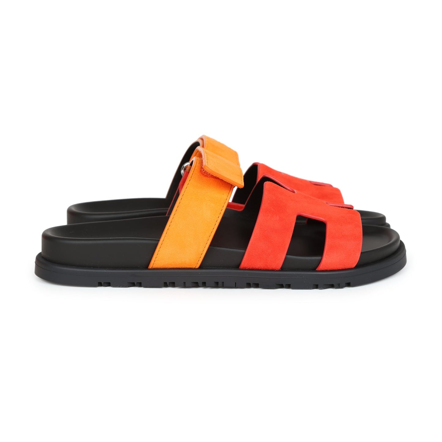 Hermes Chypre Techno Sandal Sunset & Rouge Ecarlate Suede Palladium Hardware 37.5 EU