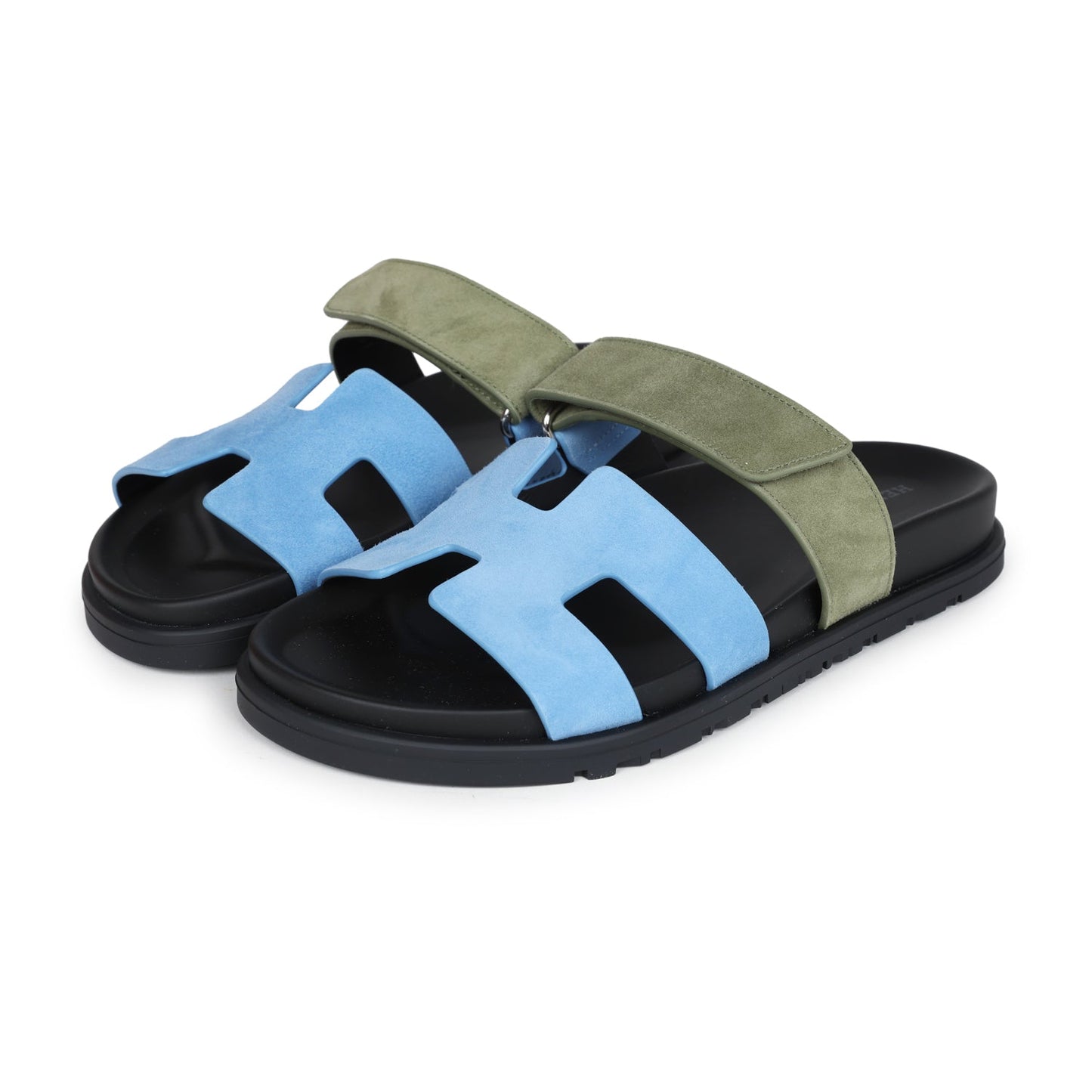 Hermes Chypre Techno Sandal Bleu Cameo/Vert Suede Palladium Hardware 37.5 EU