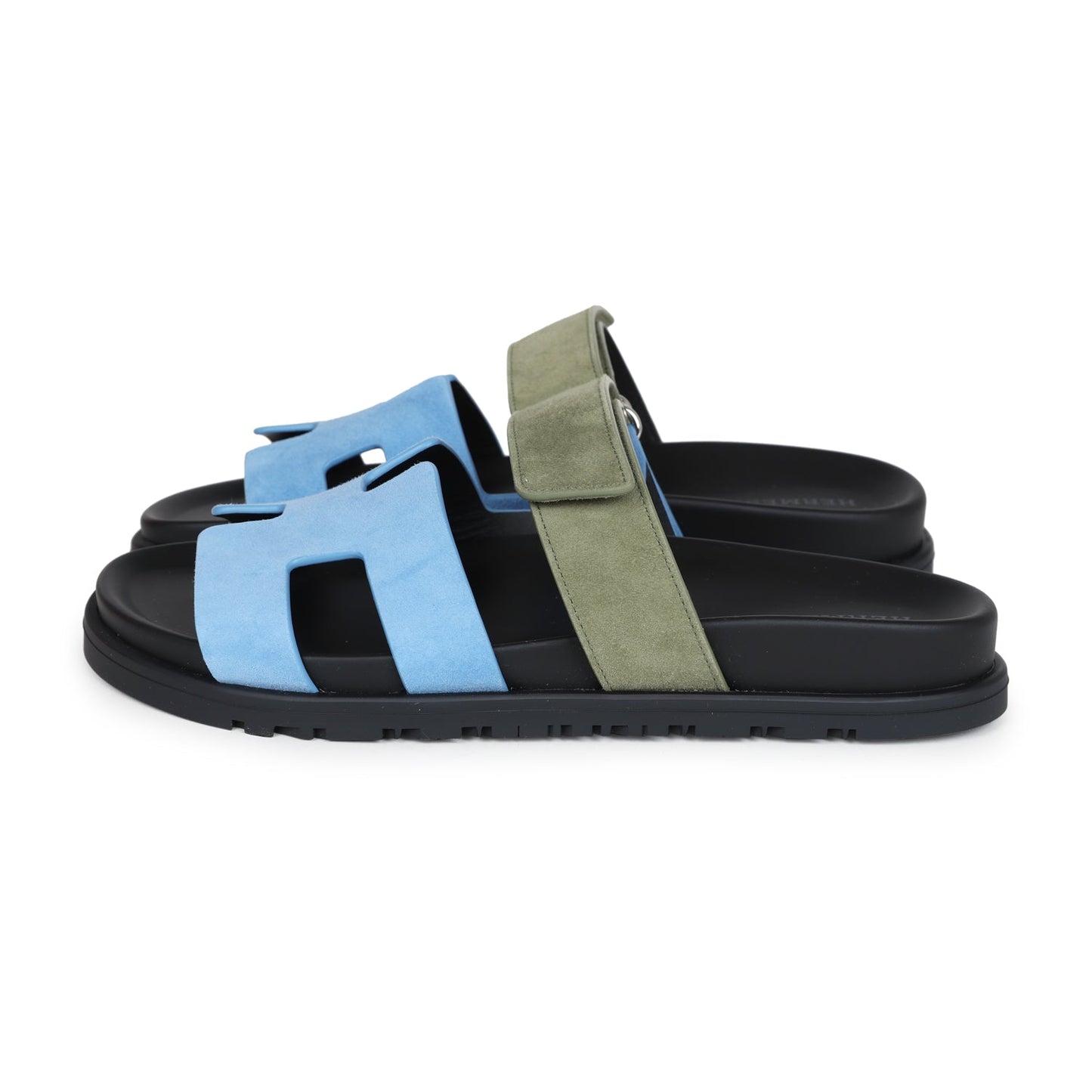 Hermes Chypre Techno Sandal Bleu Cameo/Vert Suede Palladium Hardware 37.5 EU