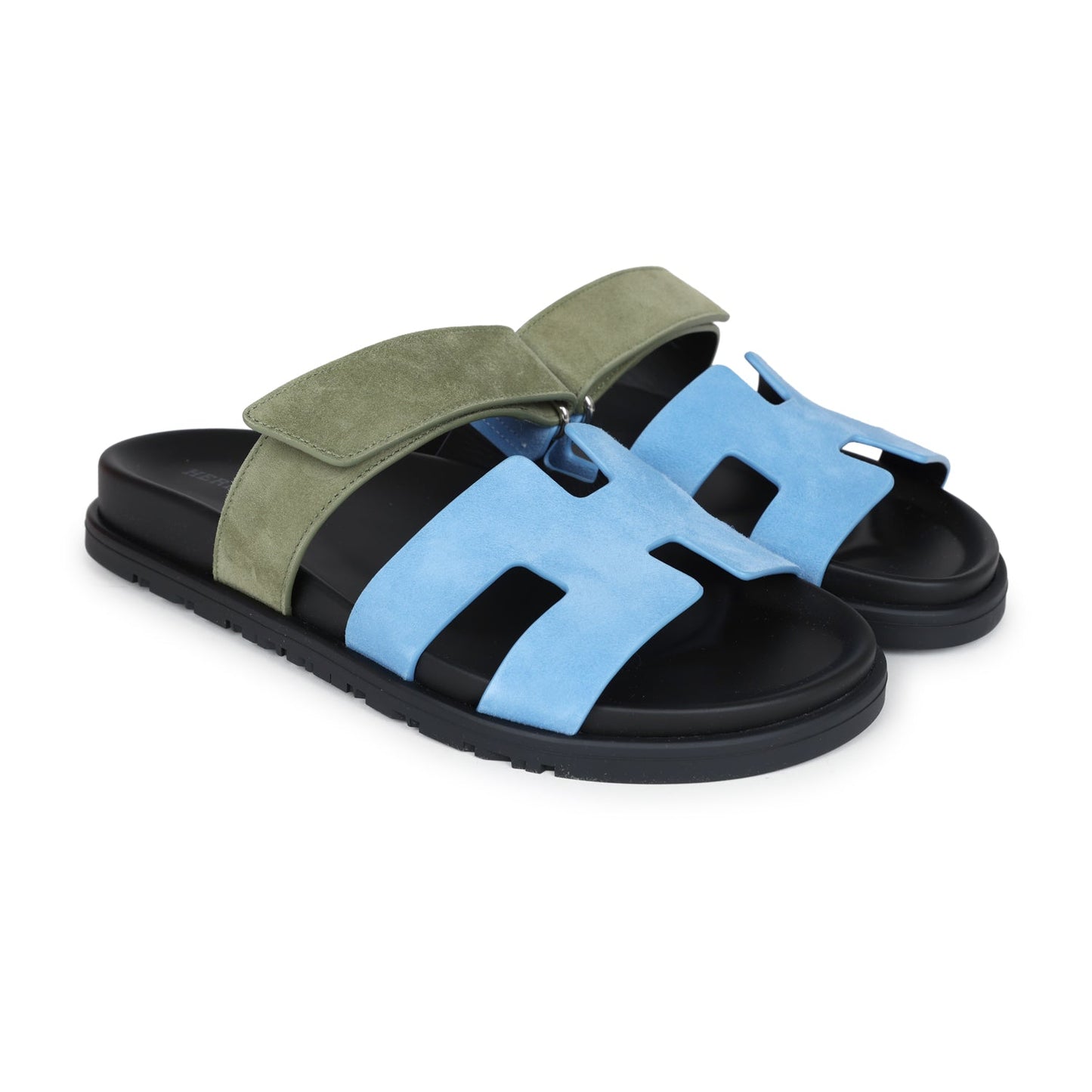 Hermes Chypre Techno Sandal Bleu Cameo/Vert Suede Palladium Hardware 37.5 EU