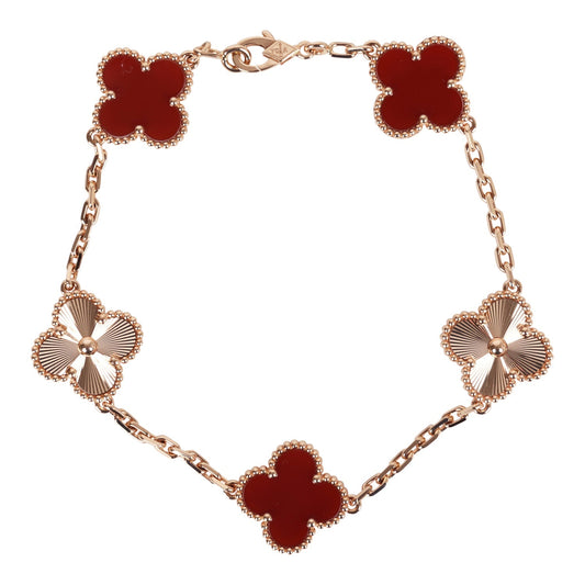 Van Cleef & Arpels Vintage Alhambra 5 Motif Bracelet 18k Rose Gold & Carnelian