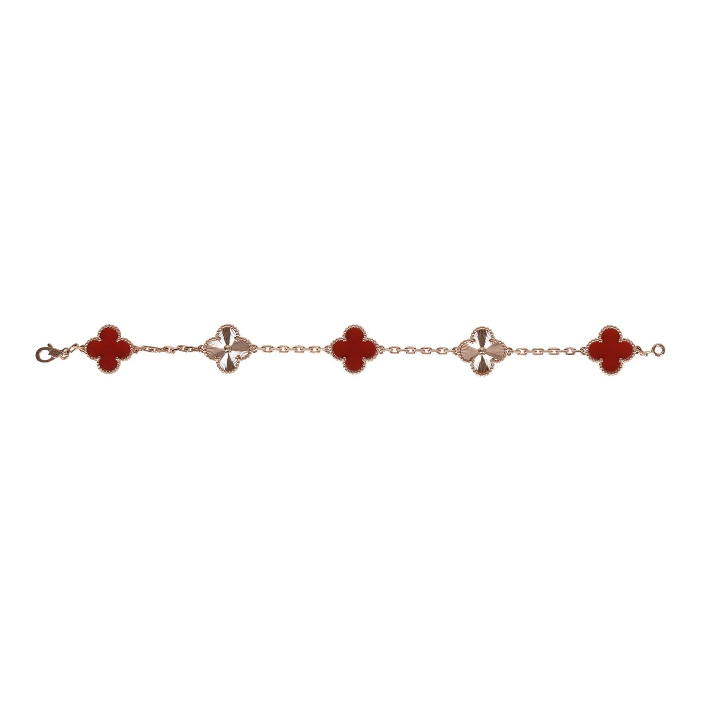 Van Cleef & Arpels Vintage Alhambra 5 Motif Bracelet Carnelian Guilloche 18K Rose Gold Hardware