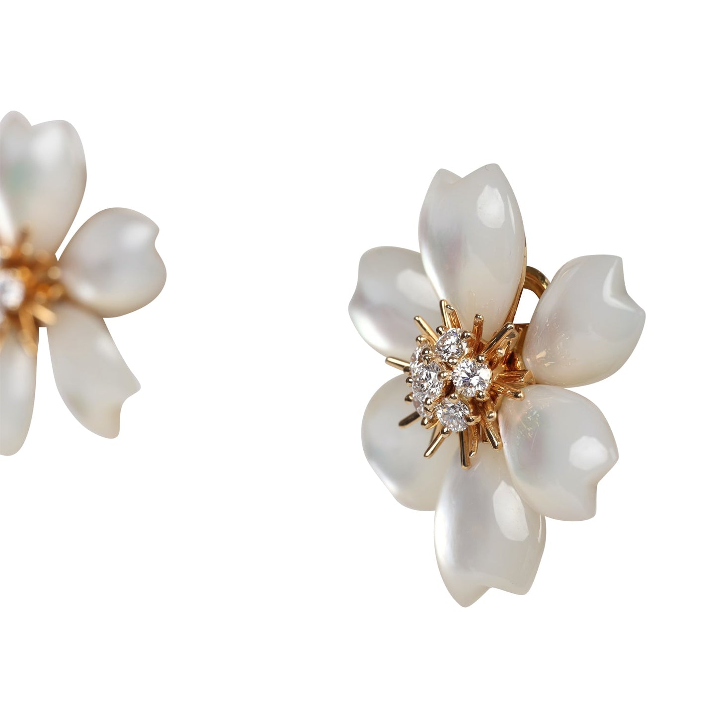 Pre-owned Van Cleef & Arpels Rose De Noel Small Earrings White Mother of Pearl/Diamonds 18K Yellow Gold Hardware