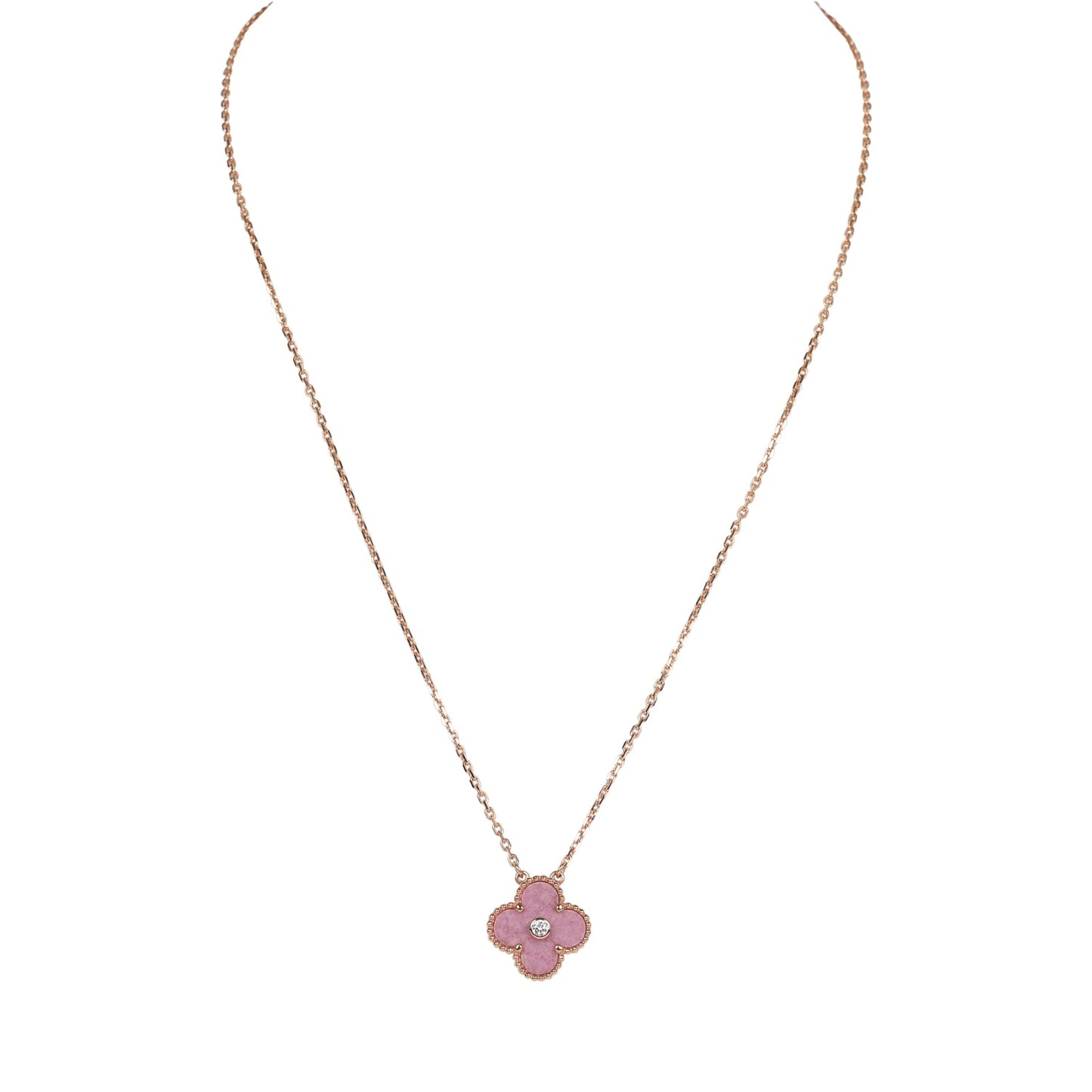 Van Cleef & Arpels 2021 Holiday Vintage Alhambra Rhodonite Pendant Necklace Rose Gold Hardware