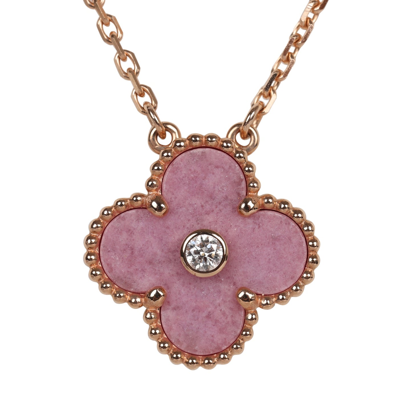 Van Cleef & Arpels 2021 Holiday Vintage Alhambra Rhodonite Pendant Necklace Rose Gold Hardware