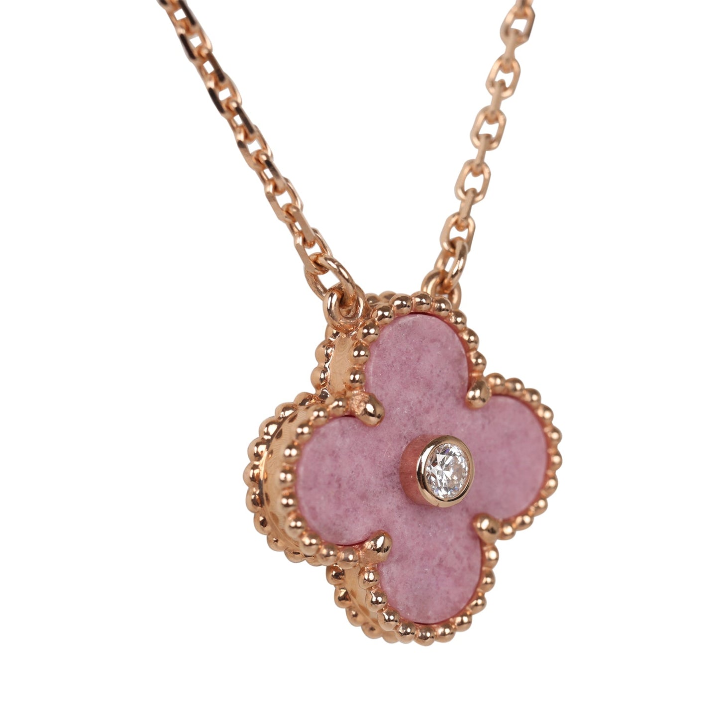 Van Cleef & Arpels 2021 Holiday Vintage Alhambra Rhodonite Pendant Necklace Rose Gold Hardware