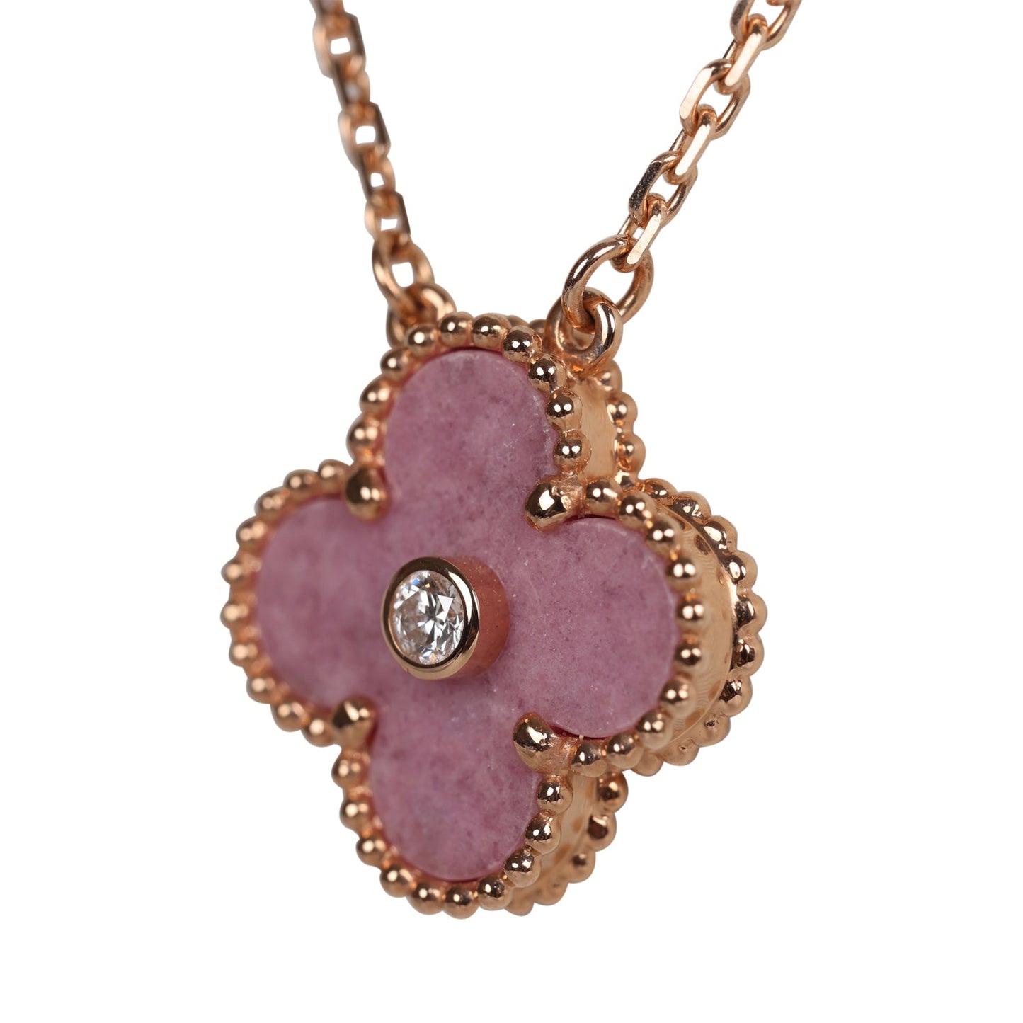 Van Cleef & Arpels 2021 Holiday Vintage Alhambra Rhodonite Pendant Necklace Rose Gold Hardware