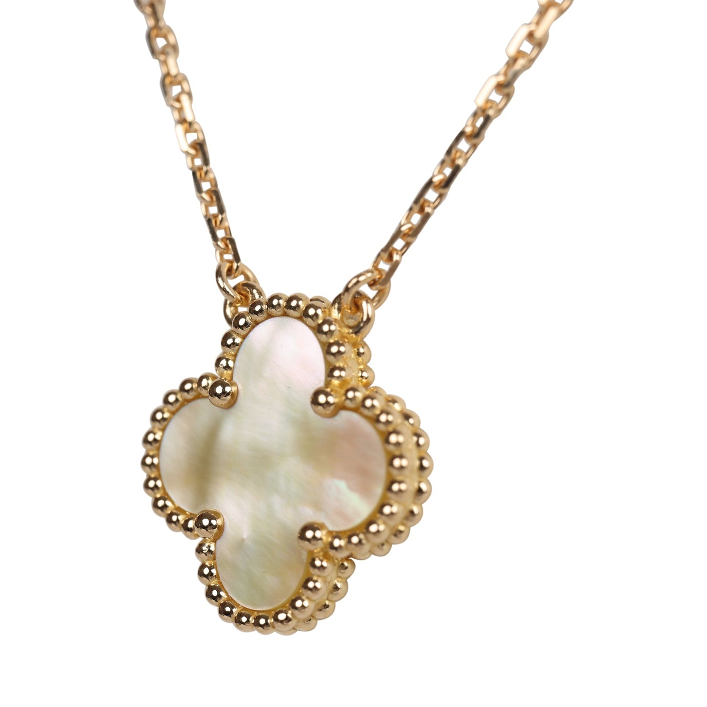 Van Cleef & Arpels Vintage Alhambra Jaune Mother of Pearl Pendant Necklace 18K Yellow Gold Hardware Princess Grace