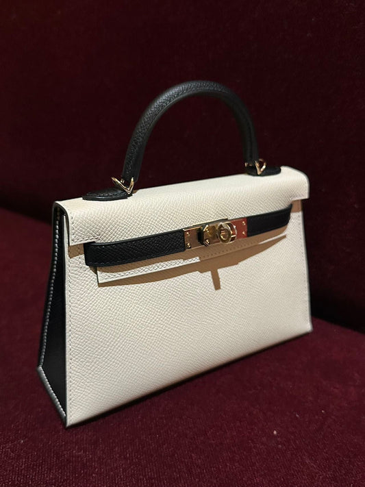 Hermes Special Order (HSS) Kelly Sellier 20 Craie and Black Epsom Permabrass Hardware - Sourced